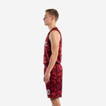 Opposite side view of maroon basketball uniform set with digital camo shorts and elastic waistband, white player number on shorts leg