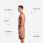 Shorts detail of the maroon and blush reversible basketball uniform set showing contour pattern, waistband, and hem binding