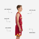 Back view of maroon youth travel basketball uniforms showing back number placement and gold V-neck binding