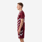 Right side view of maroon sublimated soccer uniform showing full chevron pattern