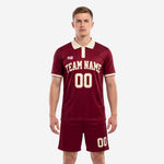 Maroon and cream custom soccer outfits with polo collar and collegiate lettering, front view