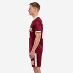 Right side view of maroon and cream full soccer uniform set with retro polo collar jersey