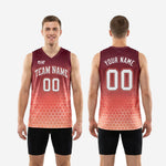 Size and specification chart for custom basketball jerseys with numbers in maroon and coral hex gradient, showing youth and adult size run