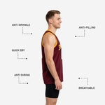 Back view of maroon and gold sublimated basketball jersey with player name and large back number in gold and white