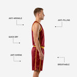 Back view of sublimated maroon and gold basketball uniform for men showing back number placement on the jersey and gold binding detail across the shoulders and armholes