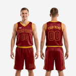 Size and specification chart for custom maroon and gold basketball uniforms for men covering youth and adult sizes for jersey and matching shorts
