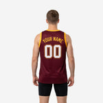 Right-side view of men's custom maroon and gold basketball jersey highlighting sleeveless athletic cut and gold trim at armhole