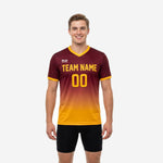 Men's maroon soccer training jersey with Athletic Gold gradient fade and custom team name printed on chest, front view