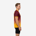 Left side view of maroon soccer training jersey showing full ombre gradient from maroon to Athletic Gold and Gold sleeve trim