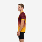 Right side view of custom maroon soccer training jersey with Athletic Gold V-neck trim and gradient sublimated print