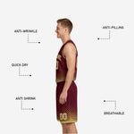 Close-up detail of the halftone dot fade graphic sublimated across the lower jersey on the maroon and gold reversible basketball uniform