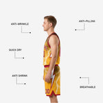 Size and spec sheet for custom maroon and gold reversible basketball uniforms showing youth and adult sizing options for full roster orders