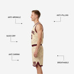 Size and specification sheet for maroon and gold reversible basketball uniforms showing youth and adult size run
