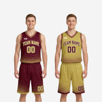 Shorts detail of the maroon and gold reversible basketball uniform showing elastic waistband, drawcord, player number, and gold hem band