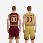 Size and specification sheet for the custom maroon and gold reversible basketball uniform set in youth and adult sizes