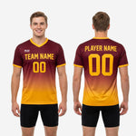 Full body athletic cut view of maroon-to-gold gradient custom soccer training jersey on male model