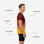 Back view of maroon and gold custom soccer training jersey showing back number and surname arc in Athletic Gold lettering