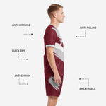 Full maroon and grey soccer jersey and shorts set with custom team name and number placement
