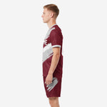 Custom soccer kit in maroon and grey, opposite side view showing sublimated brush stroke panel detail