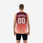 Right-side profile of coral red and maroon custom sleeveless basketball jersey with all-over hexagon sublimation print and white back number visible at edge