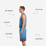 Close-up detail of the sublimated halftone-dot pattern on the reversible basketball uniform showing color transition from maroon to light blue