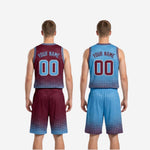 Size and specification sheet for the custom maroon and light blue reversible basketball uniforms showing youth and adult sizing options
