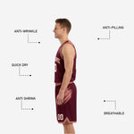 Back view of the custom maroon reversible basketball uniform showing back number placement and brush-stroke sublimation pattern