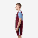 Custom soccer kit in maroon and sky blue with side stripe shorts, right side view