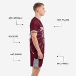 Full maroon and silver soccer team kit set with custom team name and number