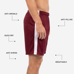 Maroon soccer shorts elastic ribbed waistband detail showing full-dye sublimation color depth on 100 percent polyester knit fabric
