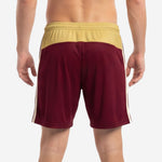 Close detail of Vegas Gold elastic waistband with matching drawcord on custom maroon soccer shorts