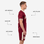 Maroon soccer uniform shorts with cream side stripe and player number, custom sublimated