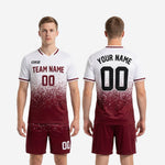 Complete custom maroon and white soccer uniform set with dot-burst print, jersey and shorts made to order for men's teams