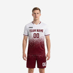 Men's maroon soccer uniforms with white dot-burst sublimated print, front view of full 2-piece kit by K2 Sportswear