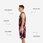 Back view of maroon and white reversible basketball uniform showing back name and number placement on both faces