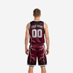 Side view of maroon reversible basketball jersey showing silver-grey armhole binding and lightning graphic on the side panel