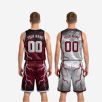 Size and specification sheet for maroon and white reversible basketball uniforms covering youth and adult sizing