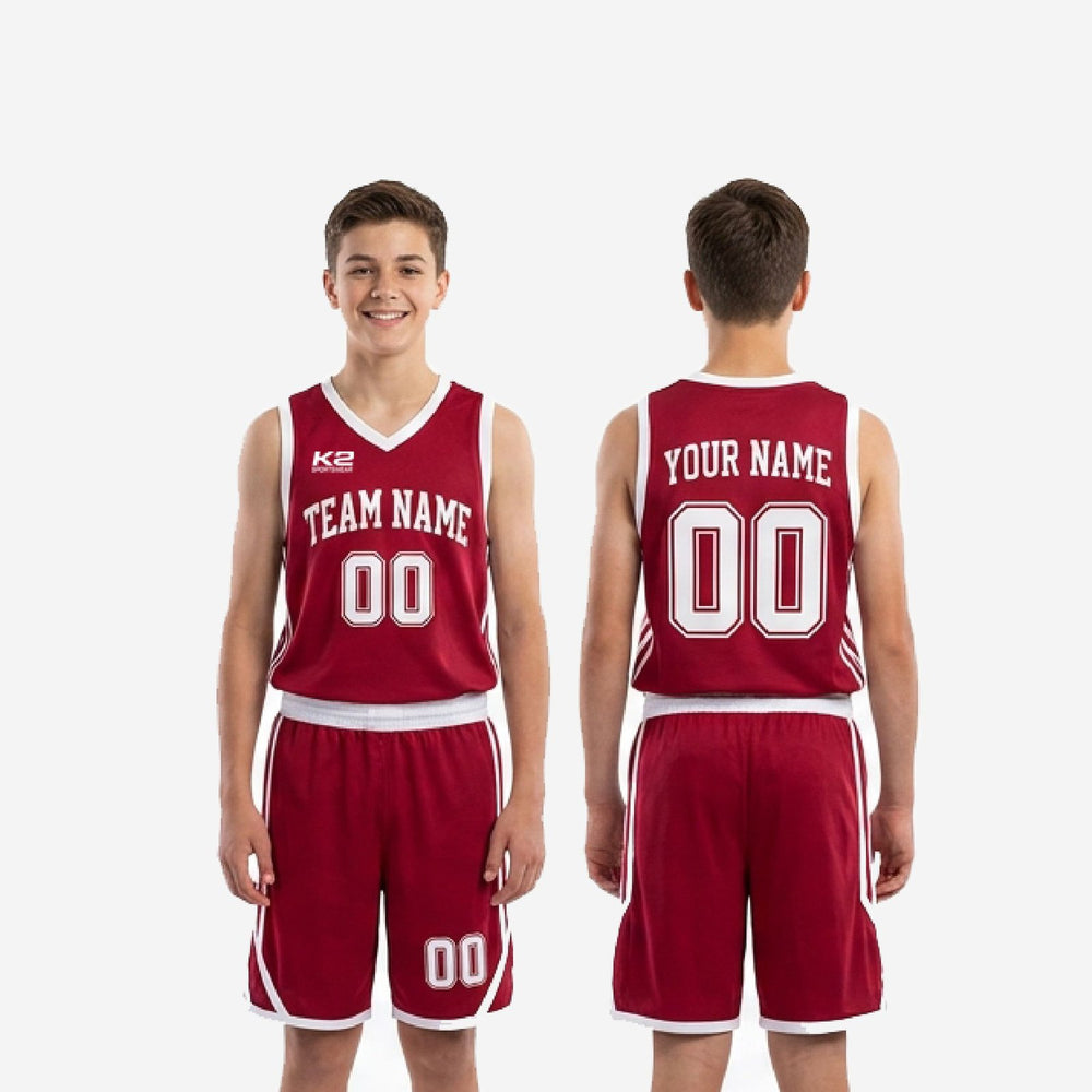 Custom Maroon Youth Basketball Uniforms - Front and Back Numbers
