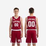 Back view of maroon youth basketball uniform set showing back number and player name placement on the fully sublimated jersey