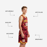 Back view of maroon youth basketball uniform showing player name and number placement on gold lightning camo jersey