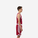 Size and specification sheet for custom maroon youth basketball uniforms showing full youth size run and uniform set details