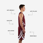 Back view of maroon sublimated youth basketball jersey and shorts showing back number placement and matching white graphic elements