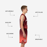 Back view of custom maroon youth basketball uniform showing back name and number placement on coral gradient jersey
