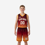 Custom maroon youth basketball uniforms in maroon to orange gradient with gold V-neck binding honeycomb hex texture team name and number 00 front and shorts front view