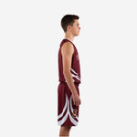 Custom maroon youth basketball uniform front view with gold outlined number 5 white V-neck binding and diagonal white panel graphics