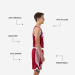 Opposite side view of custom maroon youth basketball jersey and shorts showing consistent white trim and angular shorts stripe design