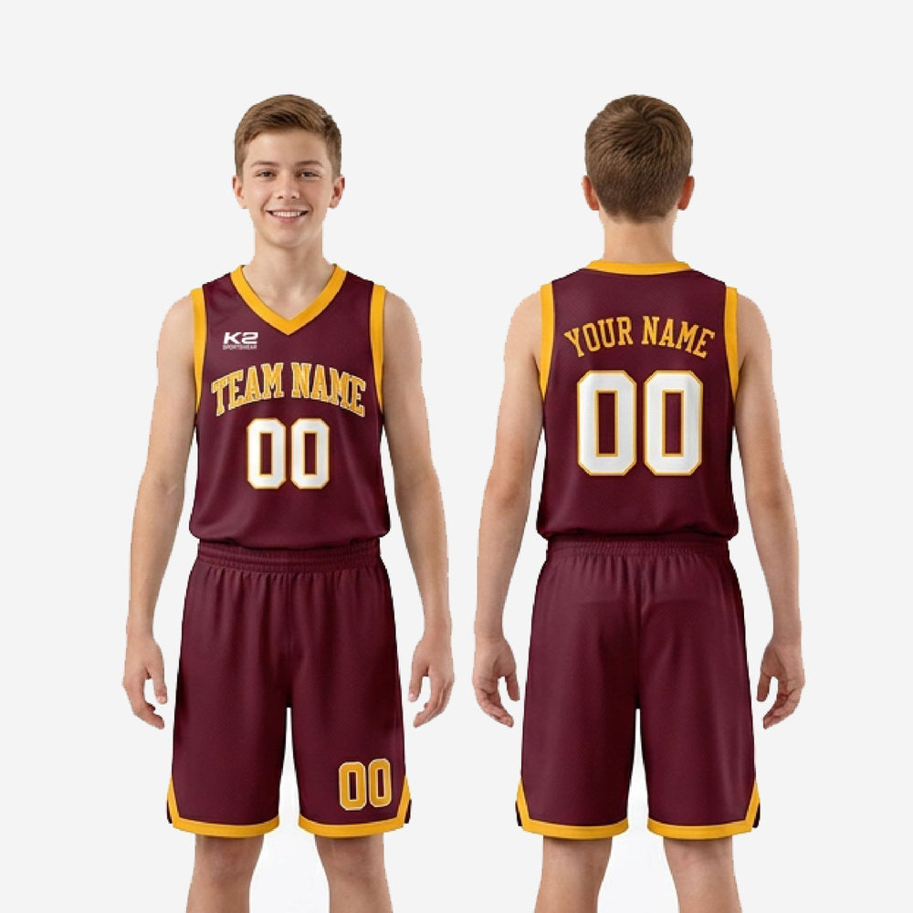 Custom Maroon Youth Basketball Uniforms with Club Crest - Gold Kit