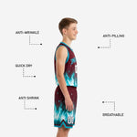 Size and specification sheet for maroon teal flame custom youth basketball uniform set in full youth sizes