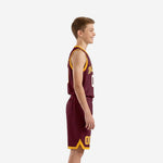 Youth basketball uniform size and specification sheet for custom maroon and gold sublimated jersey and shorts set