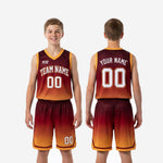 Youth basketball uniform size and specification sheet for maroon orange gradient custom set showing available youth sizing options